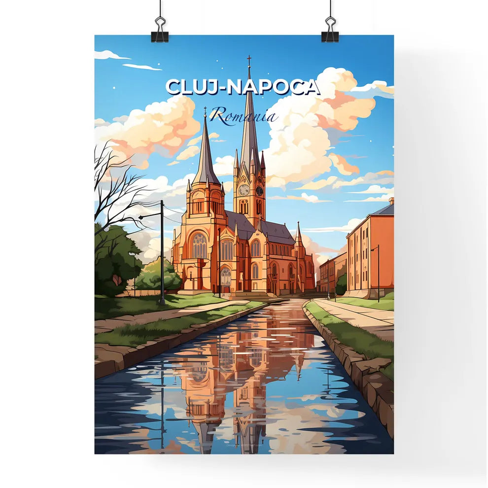 Cluj-Napoca, Romania, A Poster of a water canal with a church and trees Default Title