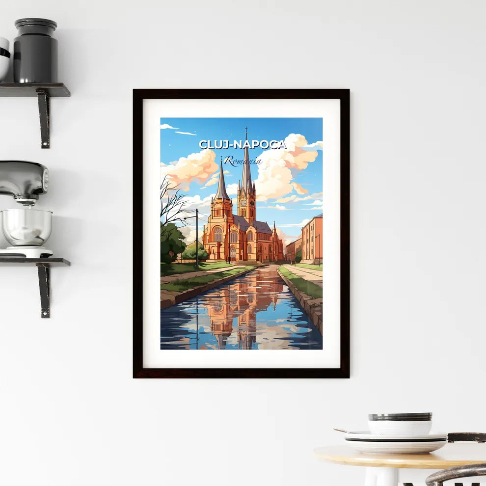 Cluj-Napoca, Romania, A Poster of a water canal with a church and trees Default Title