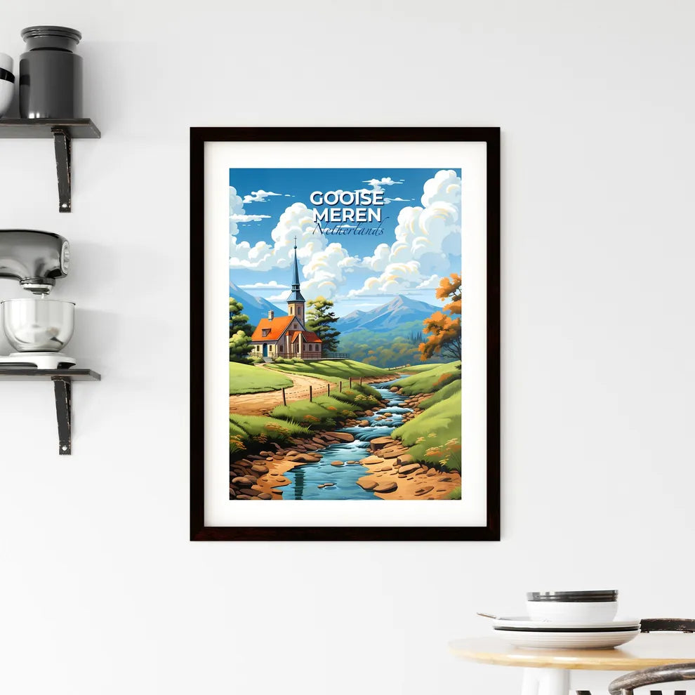 Gooise Meren, Netherlands, A Poster of a church in a valley with a stream running through it Default Title