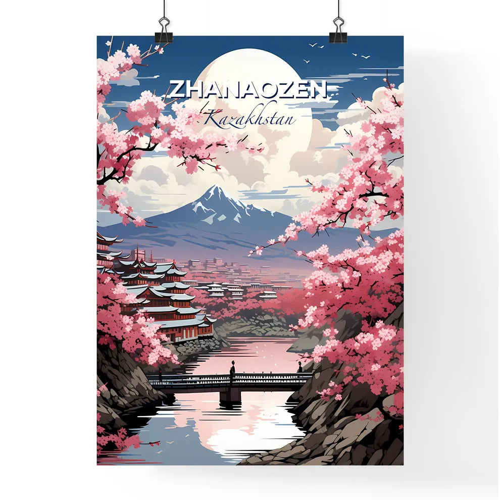 Zhanaozen, Kazakhstan, A Poster of a painting of a city with a bridge over a river and mountains Default Title
