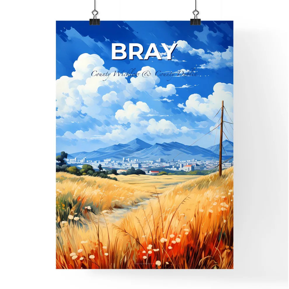 Bray, County Wicklow & County Dublin, A Poster of a field of grass with a power line and a city in the background Default Title