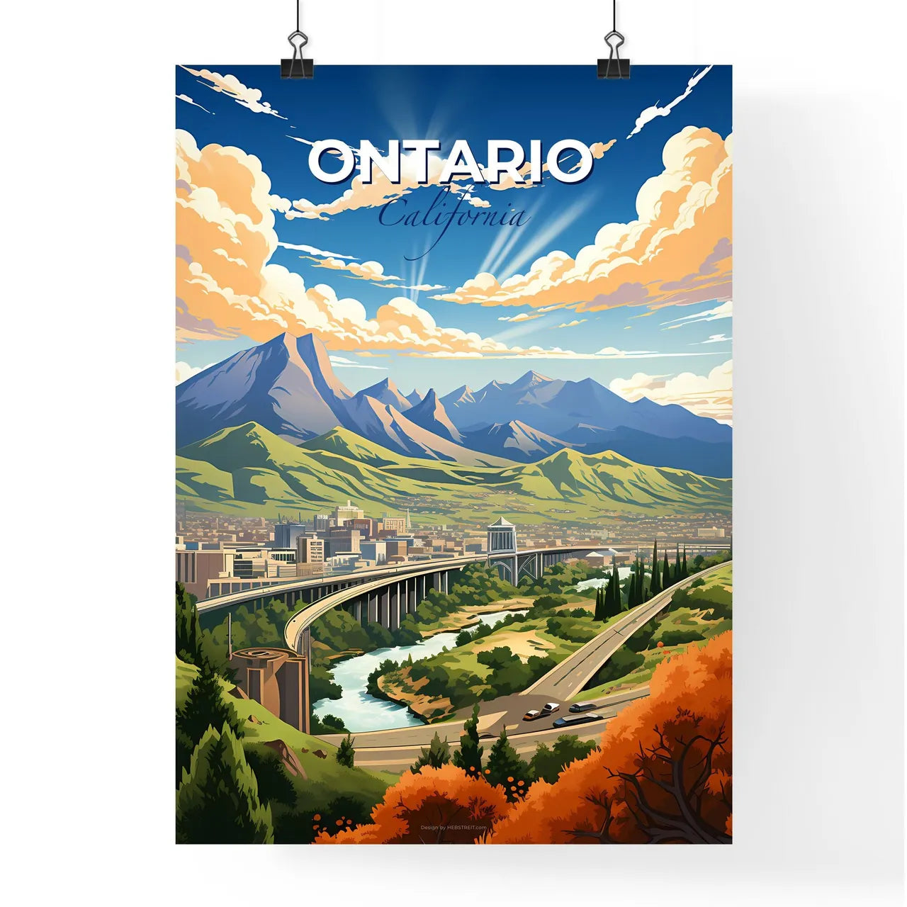 Ontario, California, A Poster of a landscape of a city with a bridge and mountains Default Title