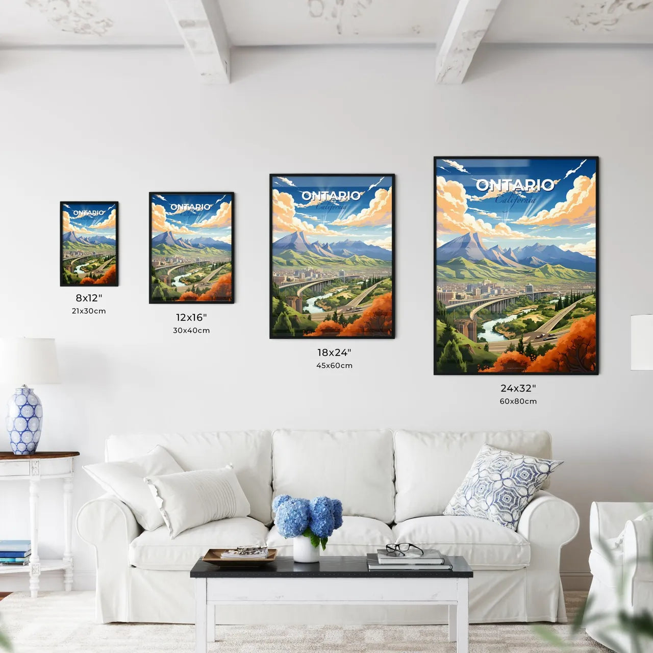 Ontario, California, A Poster of a landscape of a city with a bridge and mountains Default Title