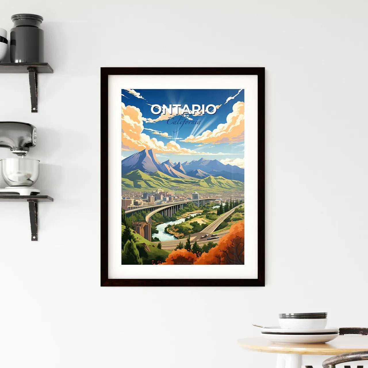 Ontario, California, A Poster of a landscape of a city with a bridge and mountains Default Title