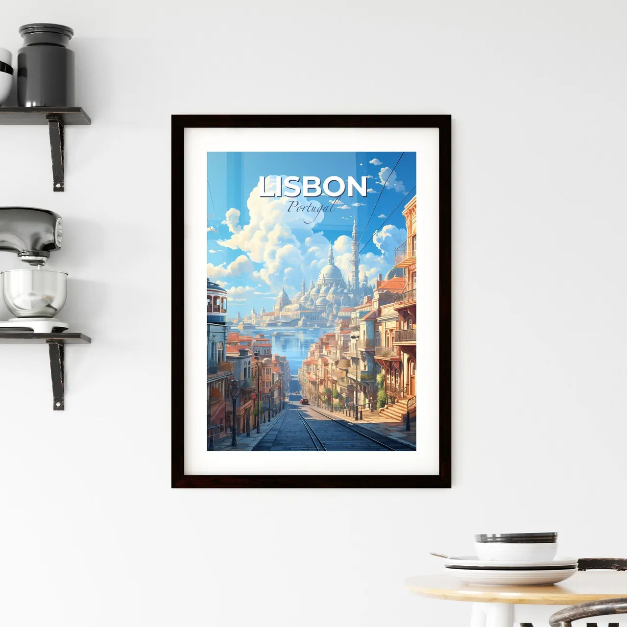 Lisbon, Portugal, A Poster of a street with buildings and a city in the background Default Title