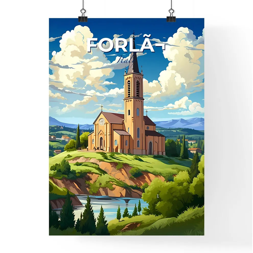 Forlã¬, Italy, A Poster of a church on a hill with trees and a river Default Title