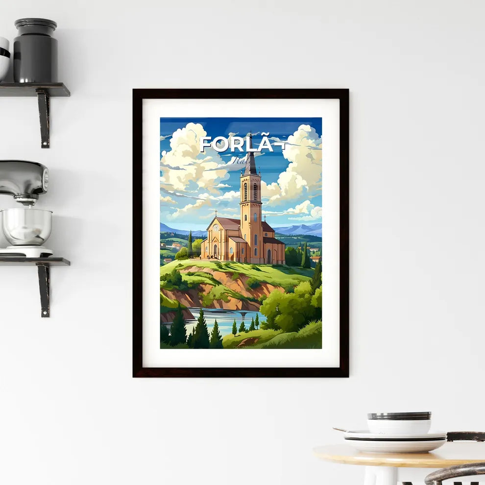 Forlã¬, Italy, A Poster of a church on a hill with trees and a river Default Title