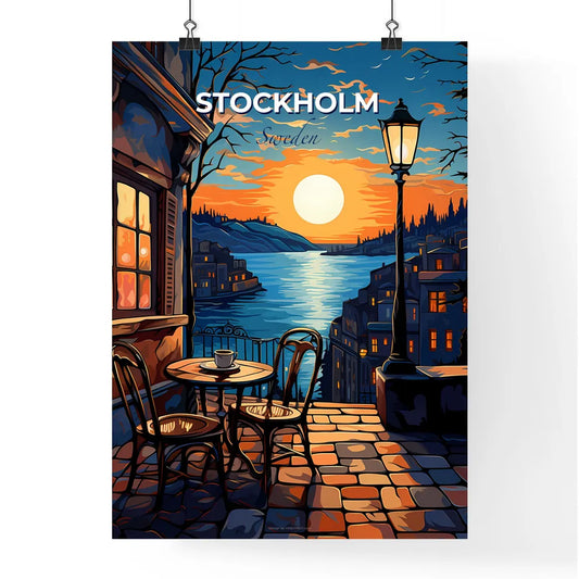 Stockholm, Sweden, A Poster of a table and chairs on a terrace overlooking a river Default Title