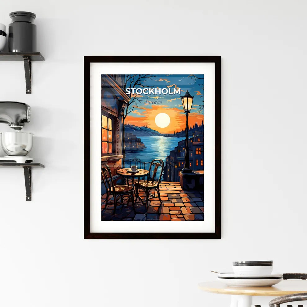 Stockholm, Sweden, A Poster of a table and chairs on a terrace overlooking a river Default Title