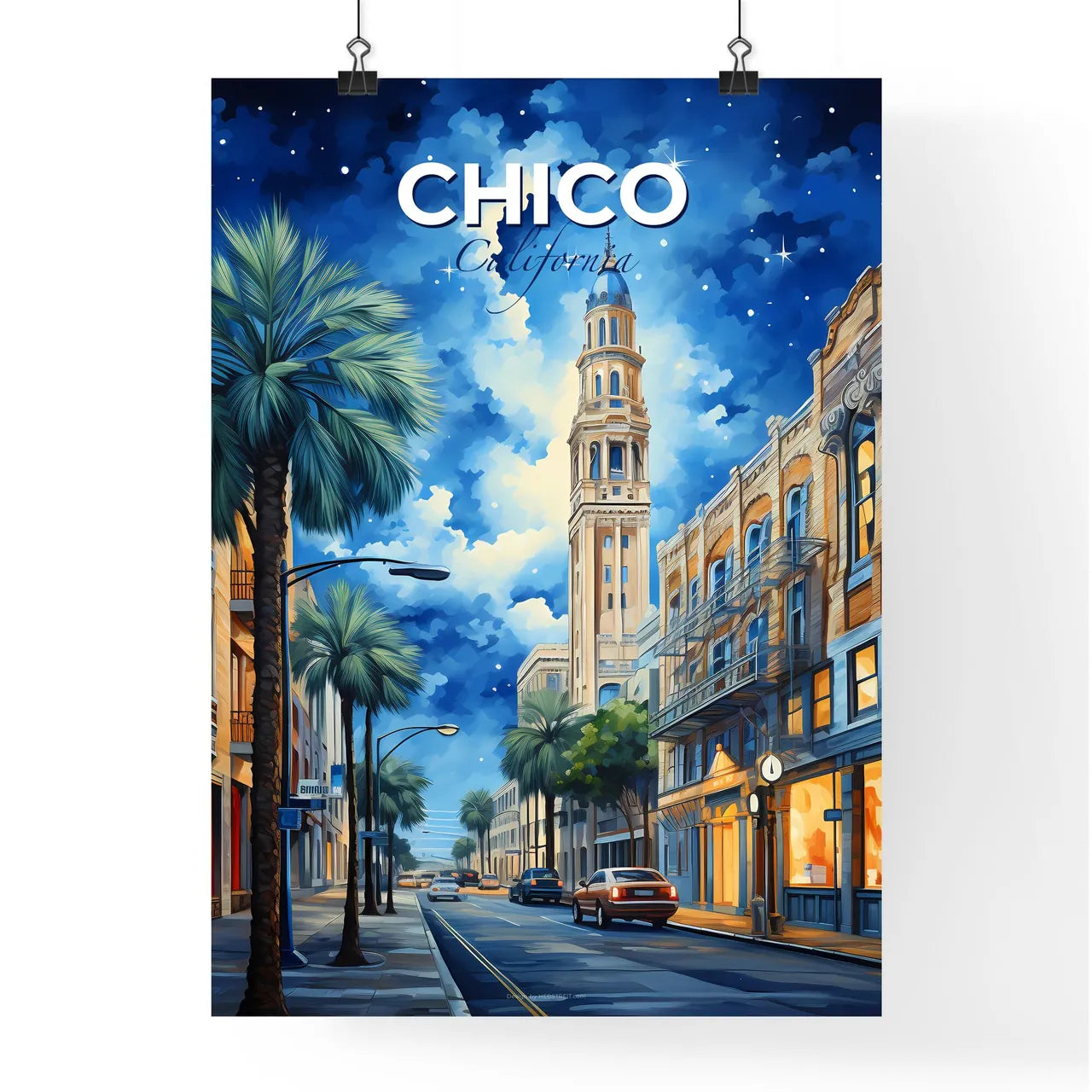 Chico, California, A Poster of a street with palm trees and a tall tower Default Title