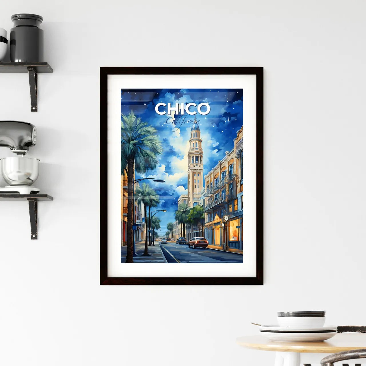 Chico, California, A Poster of a street with palm trees and a tall tower Default Title