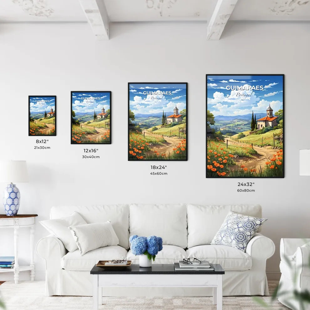 Guimaraes, Portugal, A Poster of a landscape with a house and flowers Default Title
