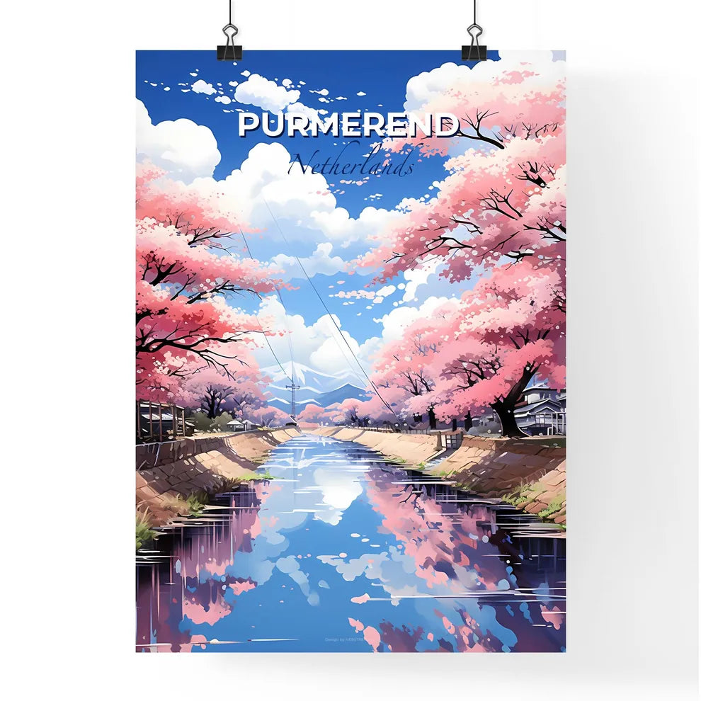 Purmerend, Netherlands, A Poster of a river with pink trees and houses Default Title