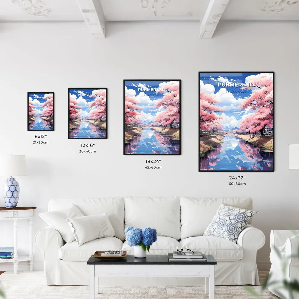 Purmerend, Netherlands, A Poster of a river with pink trees and houses Default Title