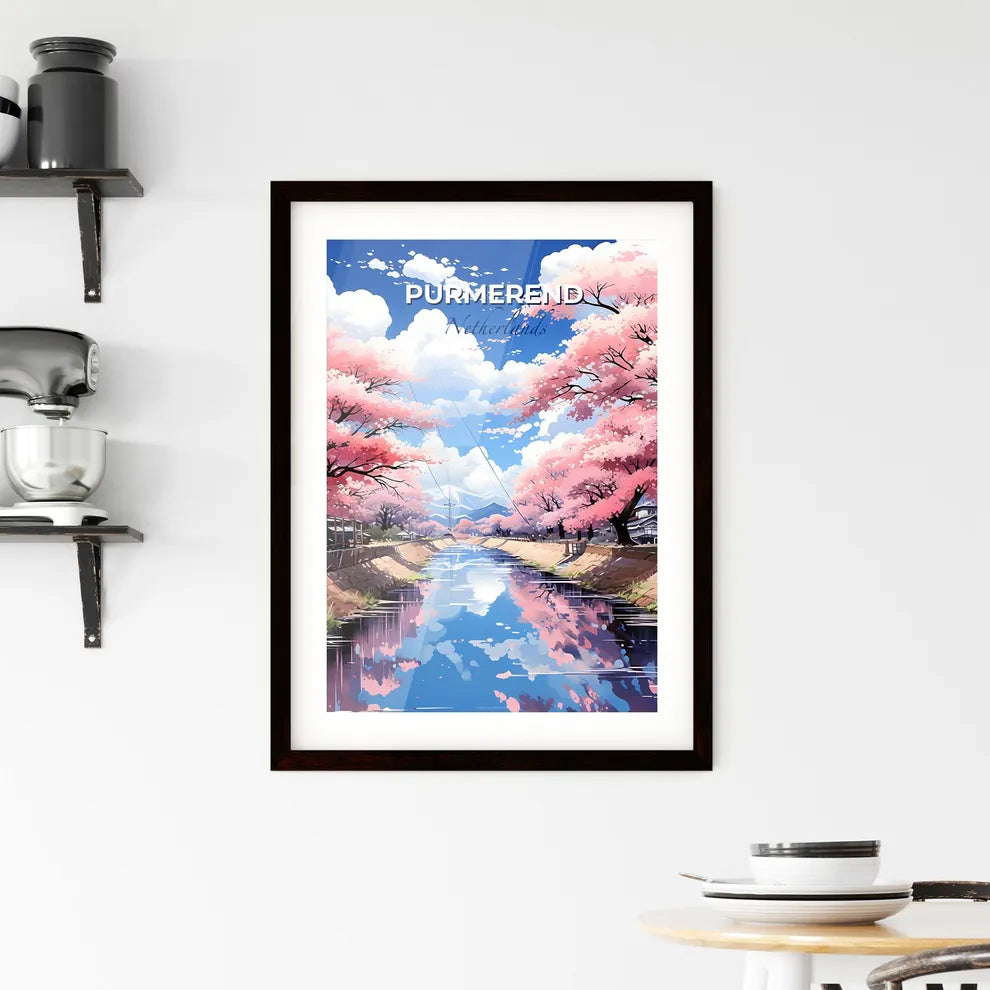 Purmerend, Netherlands, A Poster of a river with pink trees and houses Default Title