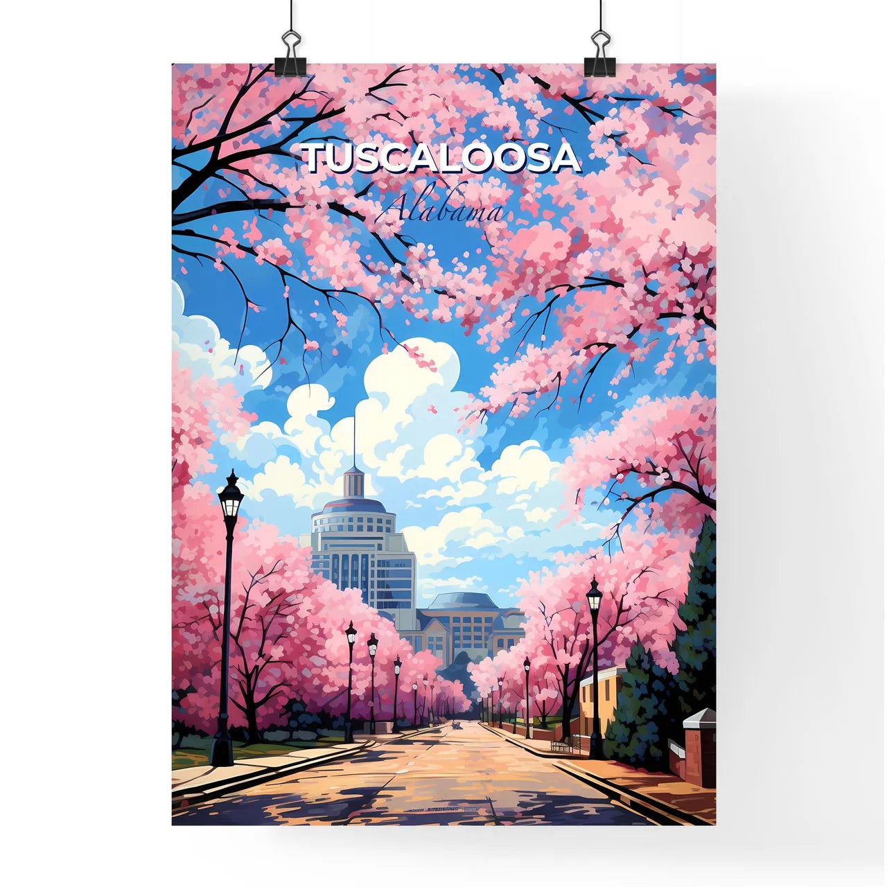 Tuscaloosa, Alabama, A Poster of a road with pink trees and buildings in the background Default Title