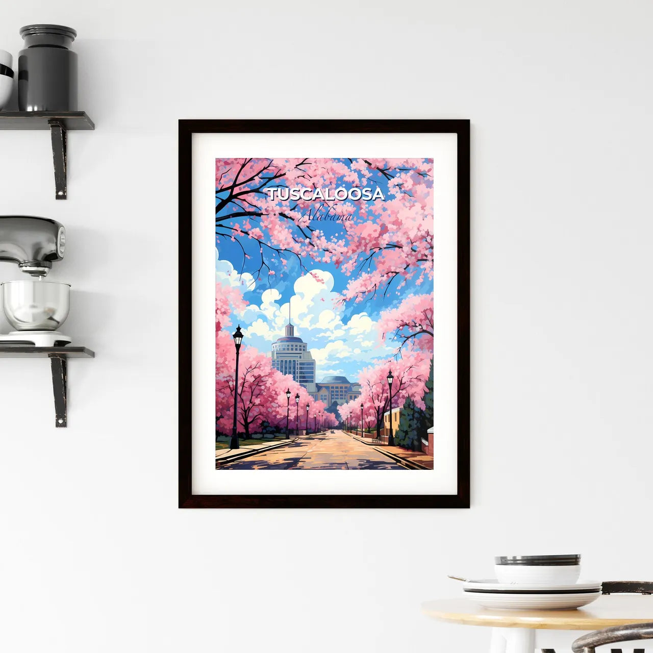 Tuscaloosa, Alabama, A Poster of a road with pink trees and buildings in the background Default Title