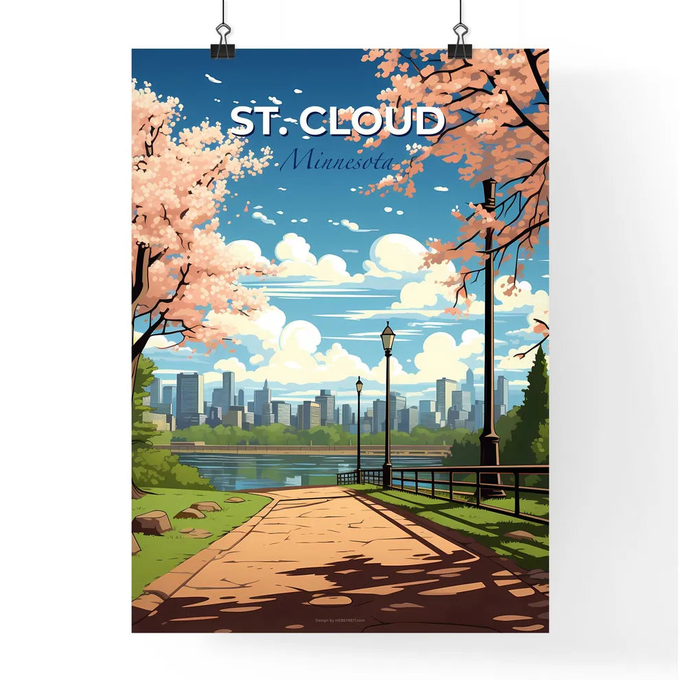 St. Cloud, Minnesota, A Poster of a park with a bridge and trees and a city in the background Default Title
