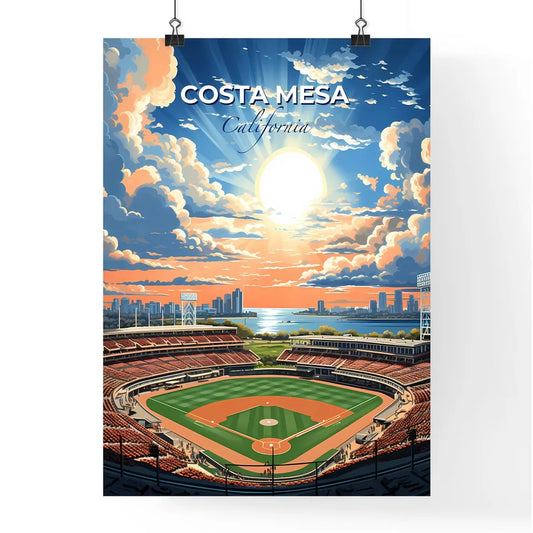 Costa Mesa, California, A Poster of a baseball stadium with a city skyline and clouds Default Title