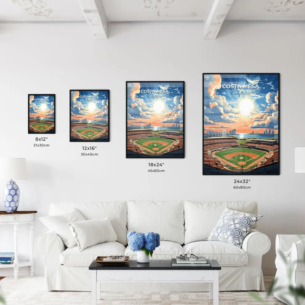 Costa Mesa, California, A Poster of a baseball stadium with a city skyline and clouds Default Title