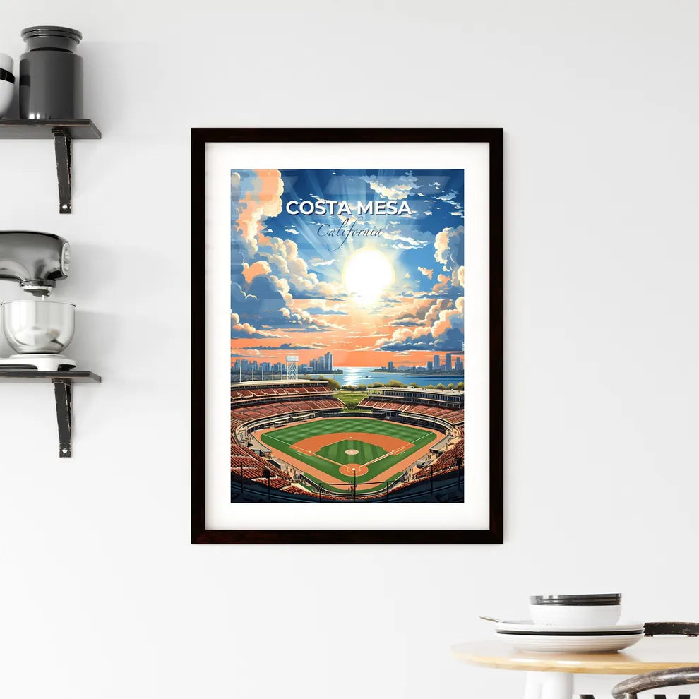 Costa Mesa, California, A Poster of a baseball stadium with a city skyline and clouds Default Title