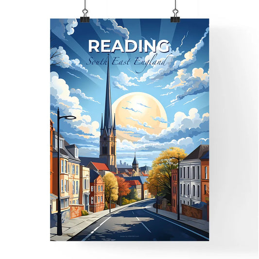 Reading, South East England, A Poster of a street with buildings and a church tower Default Title