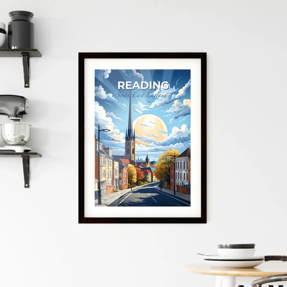 Reading, South East England, A Poster of a street with buildings and a church tower Default Title
