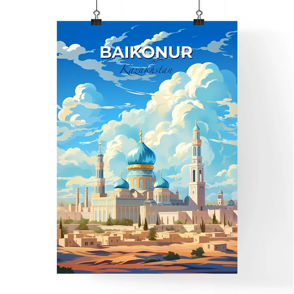 Baikonur, Kazakhstan, A Poster of a large building with blue domes and towers Default Title