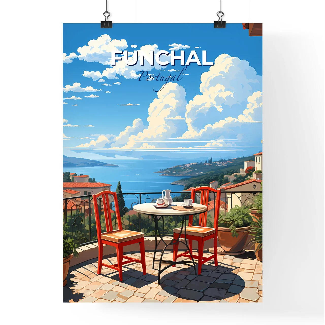 Funchal, Portugal, A Poster of a table and chairs on a balcony overlooking a body of water Default Title