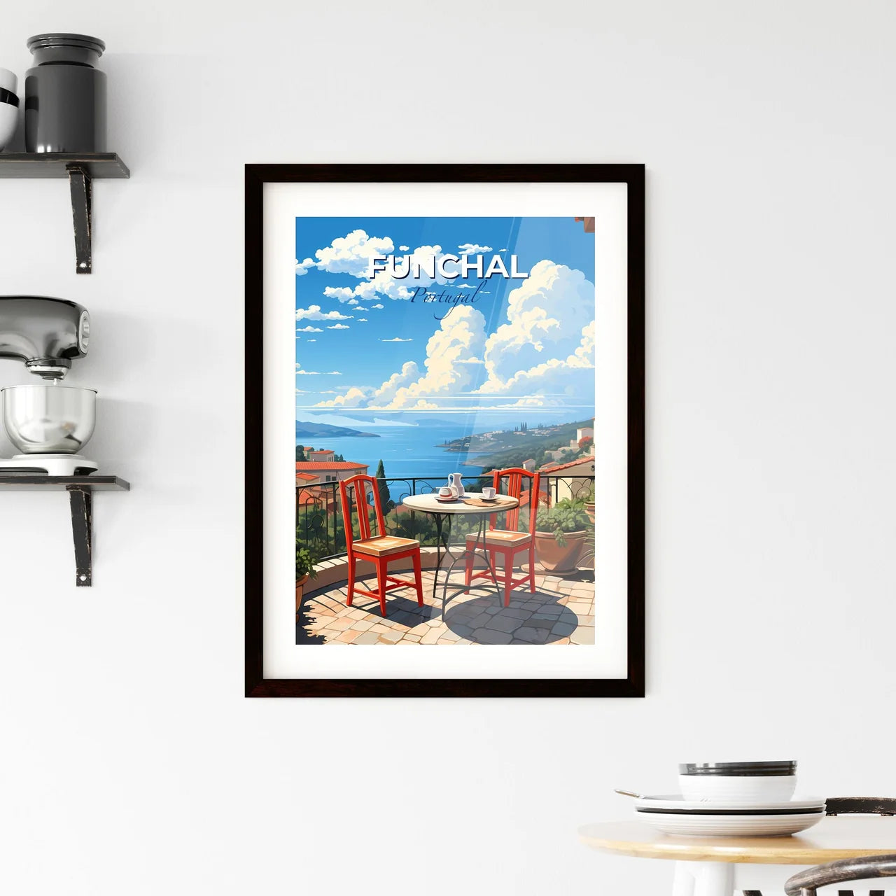Funchal, Portugal, A Poster of a table and chairs on a balcony overlooking a body of water Default Title