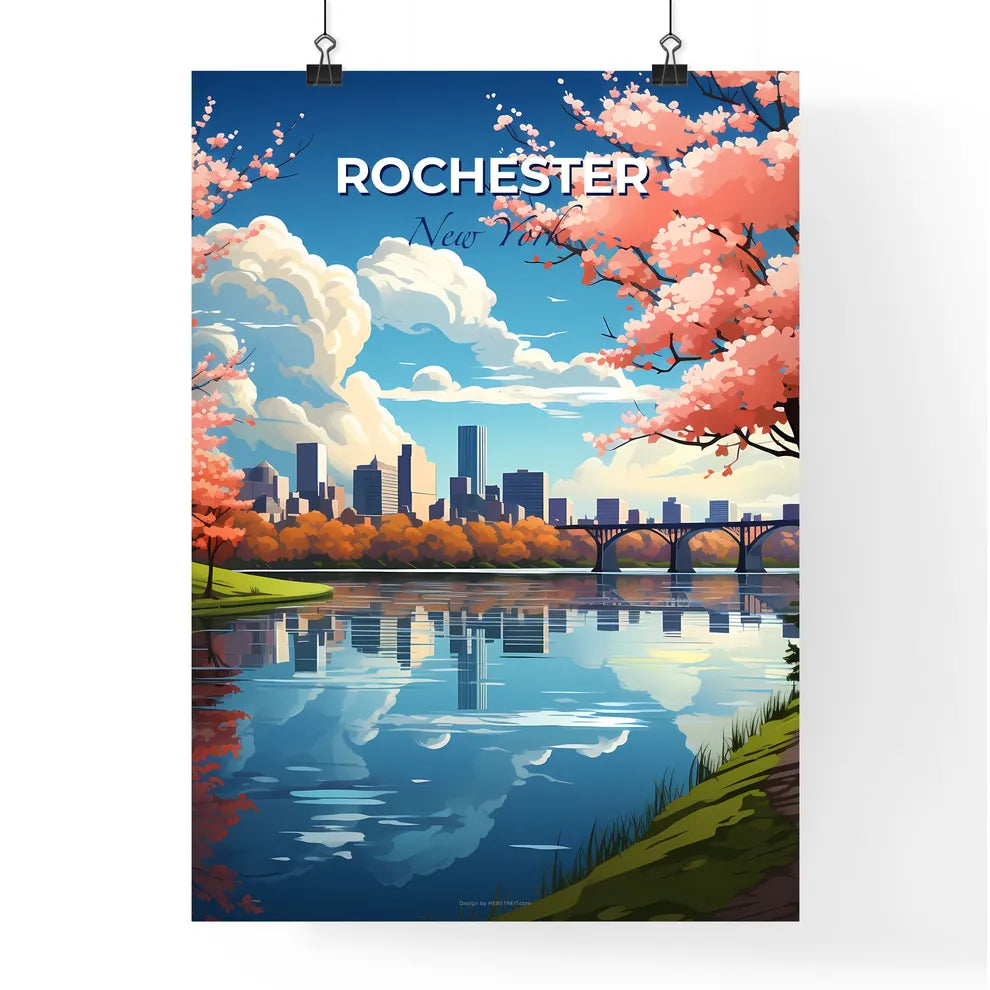 Rochester, New York, A Poster of a river with pink trees and a bridge in the background Default Title