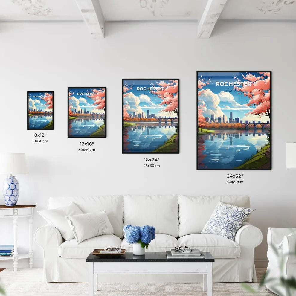 Rochester, New York, A Poster of a river with pink trees and a bridge in the background Default Title