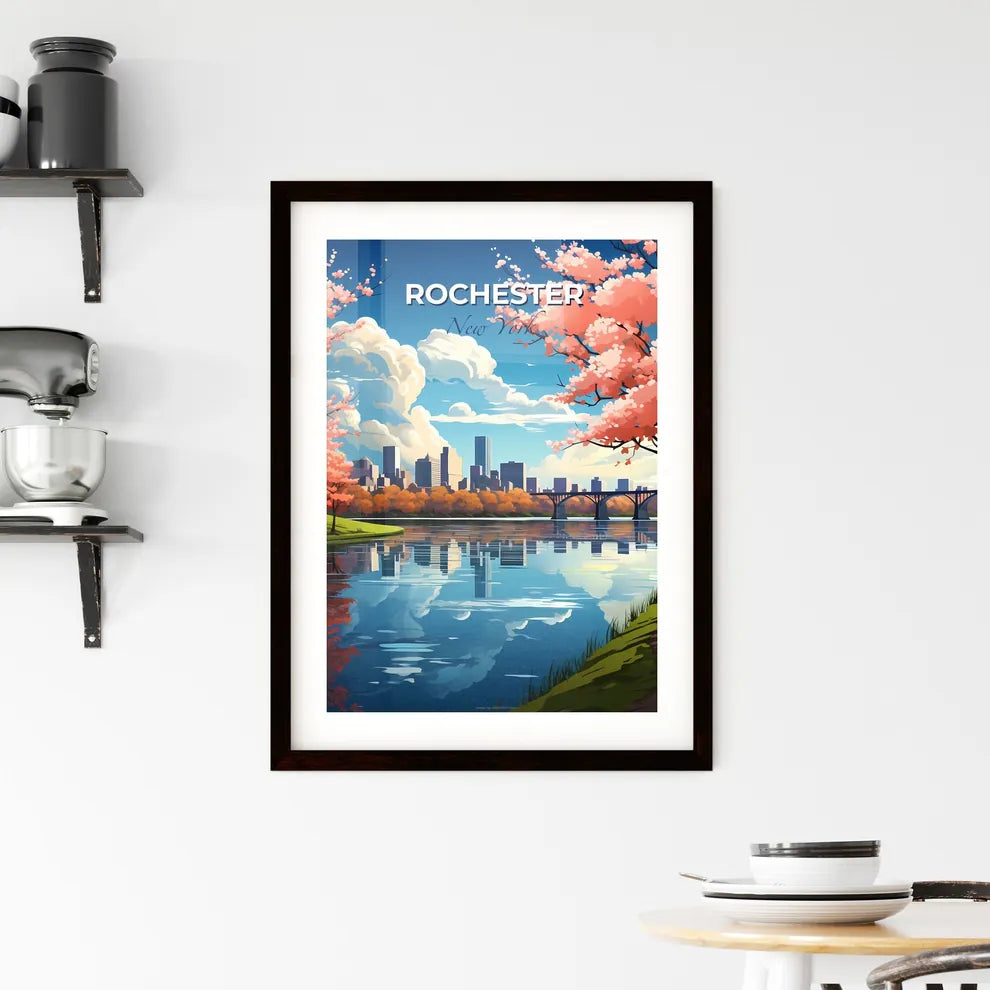 Rochester, New York, A Poster of a river with pink trees and a bridge in the background Default Title