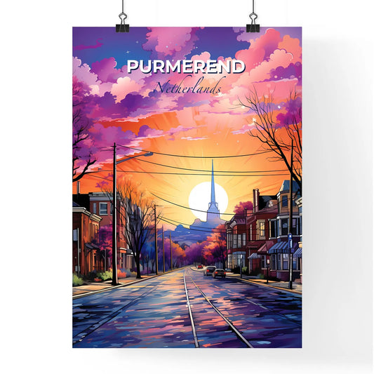 Purmerend, Netherlands, A Poster of a street with buildings and trees and a sunset Default Title