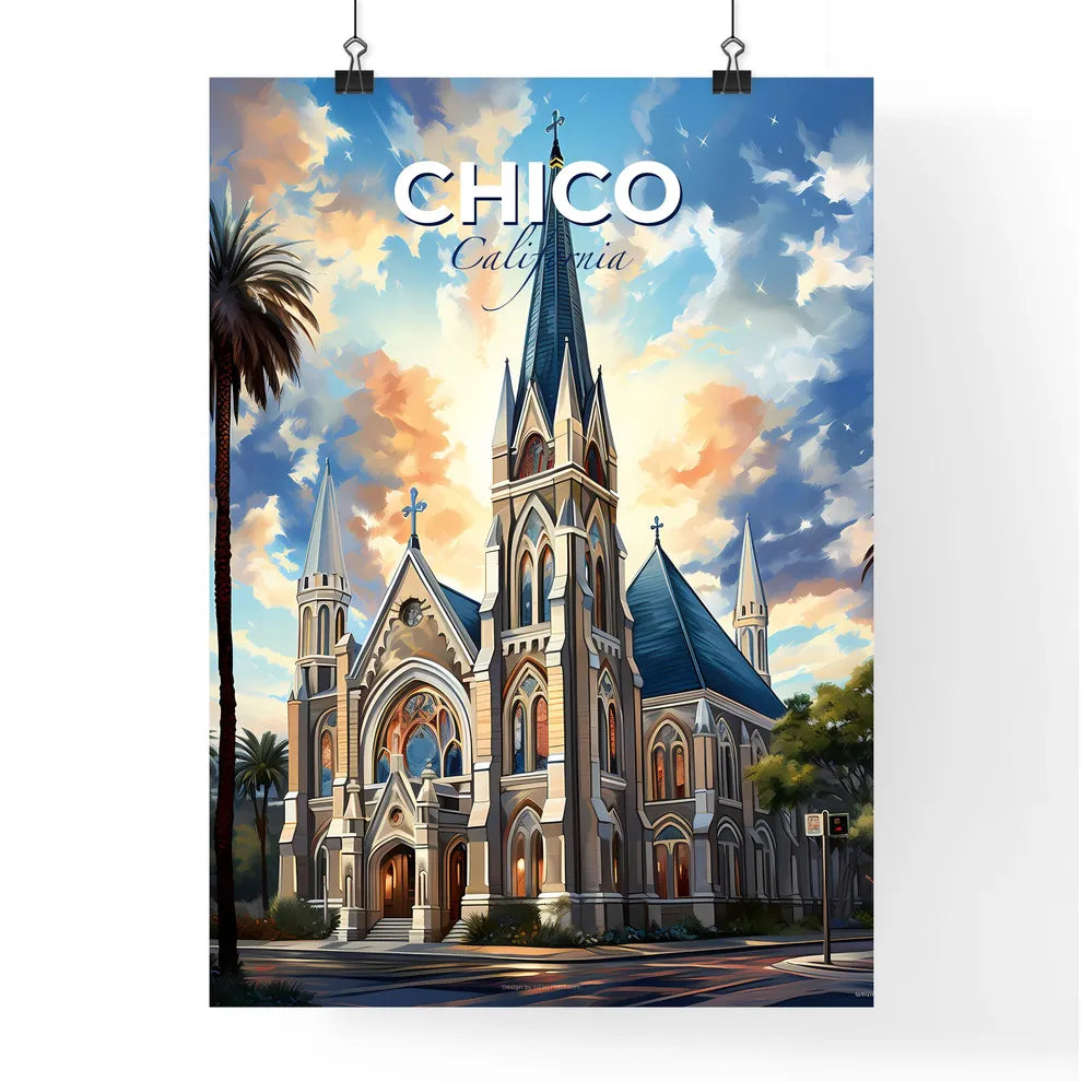 Chico, California, A Poster of a church with palm trees and a blue sky Default Title