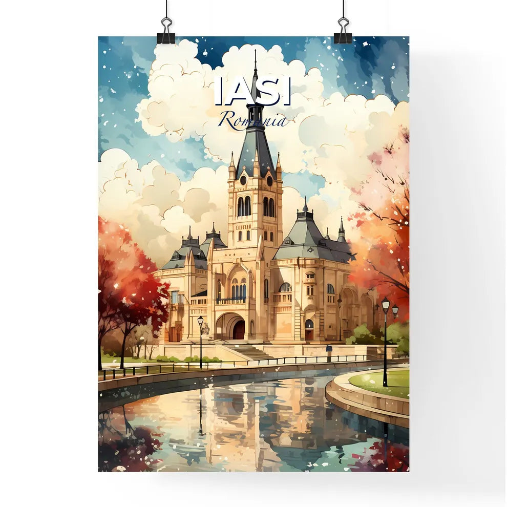 Iasi, Romania, A Poster of a castle with a pond and trees Default Title
