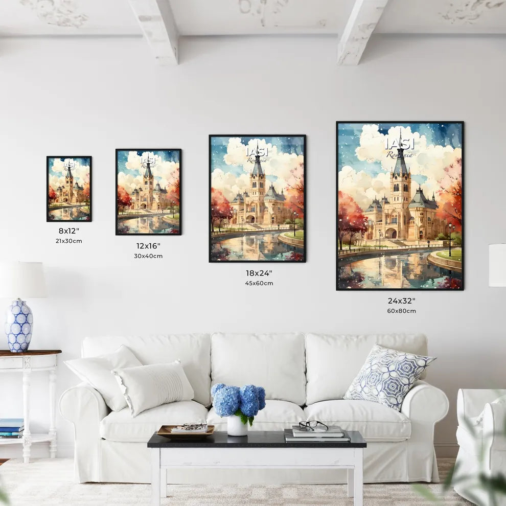 Iasi, Romania, A Poster of a castle with a pond and trees Default Title