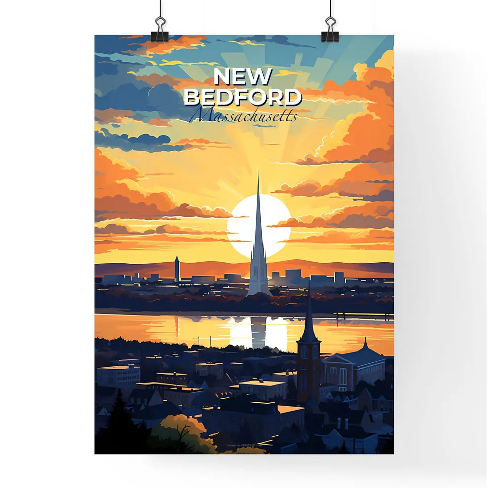 New Bedford, Massachusetts, A Poster of a city with a tall spire and a body of water with a sunset Default Title