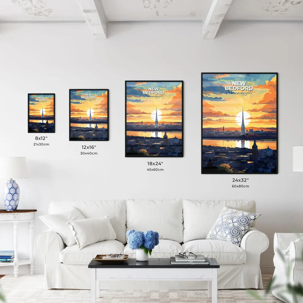 New Bedford, Massachusetts, A Poster of a city with a tall spire and a body of water with a sunset Default Title