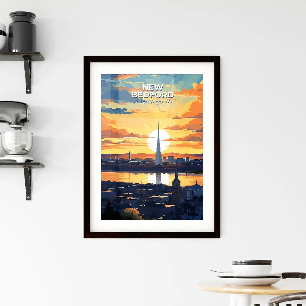 New Bedford, Massachusetts, A Poster of a city with a tall spire and a body of water with a sunset Default Title