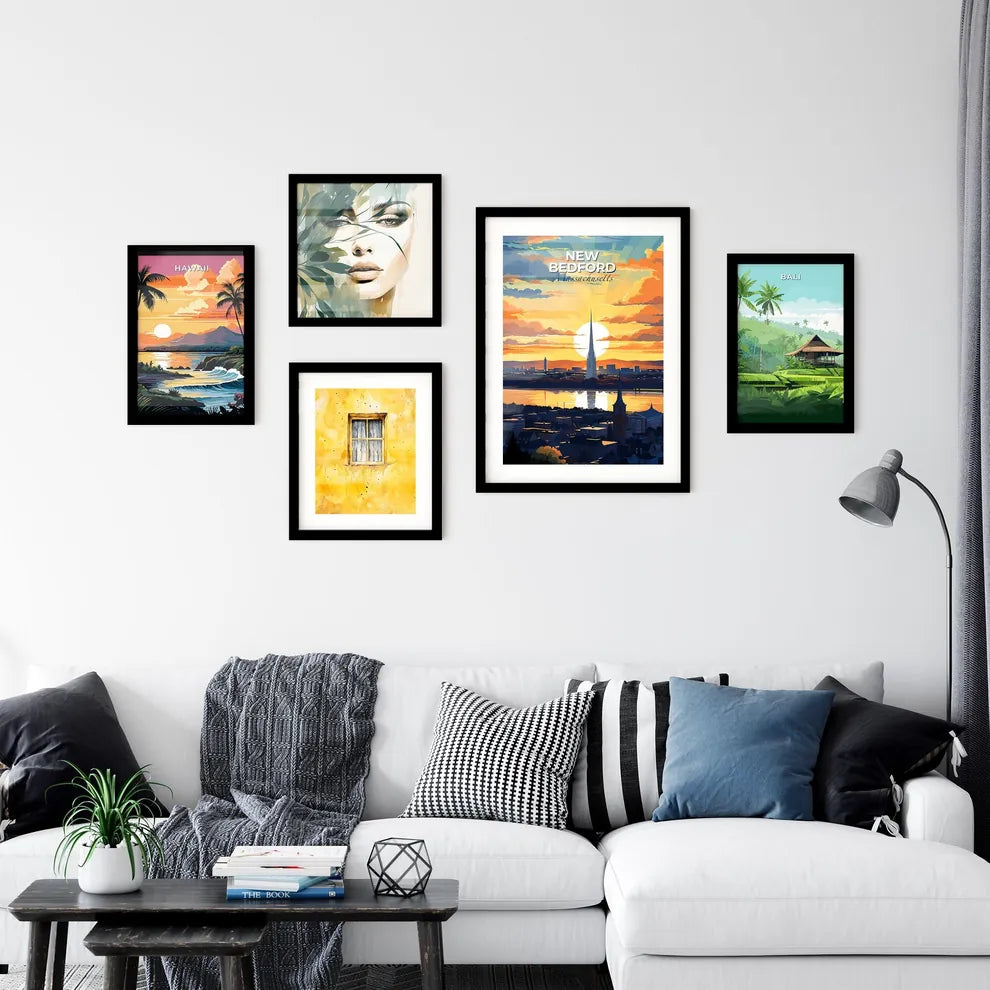 New Bedford, Massachusetts, A Poster of a city with a tall spire and a body of water with a sunset Default Title