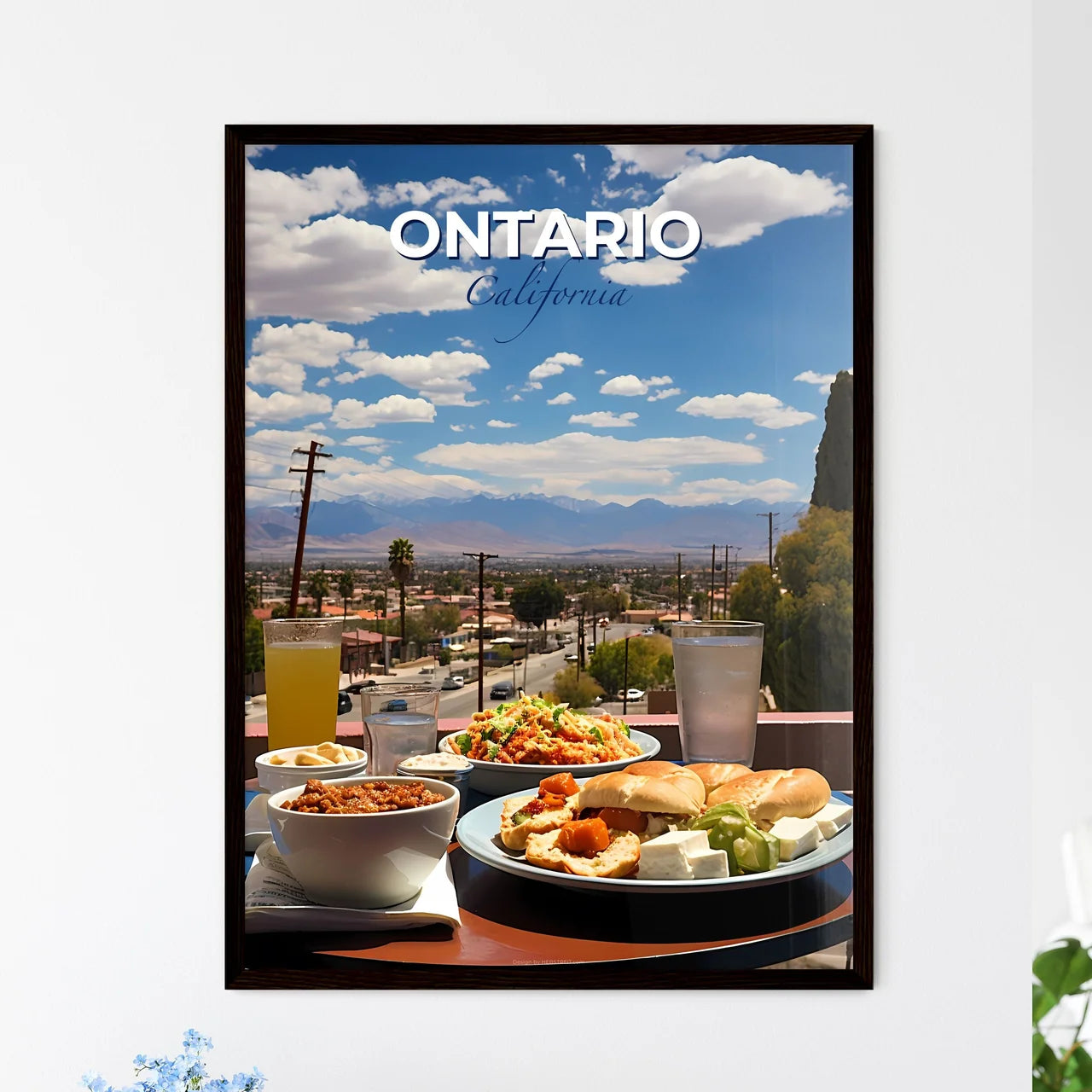 Ontario, California, A Poster of a table with plates of food and drinks on it Default Title