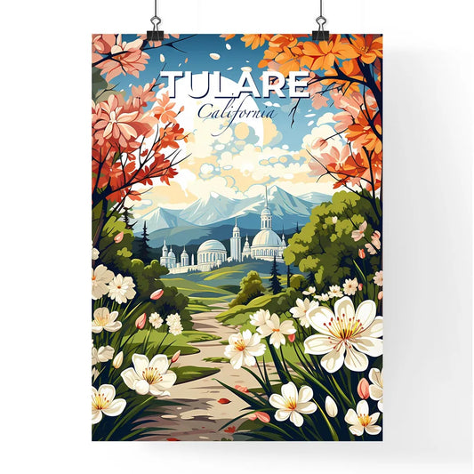 Tulare, California, A Poster of a painting of a landscape with a building and mountains Default Title