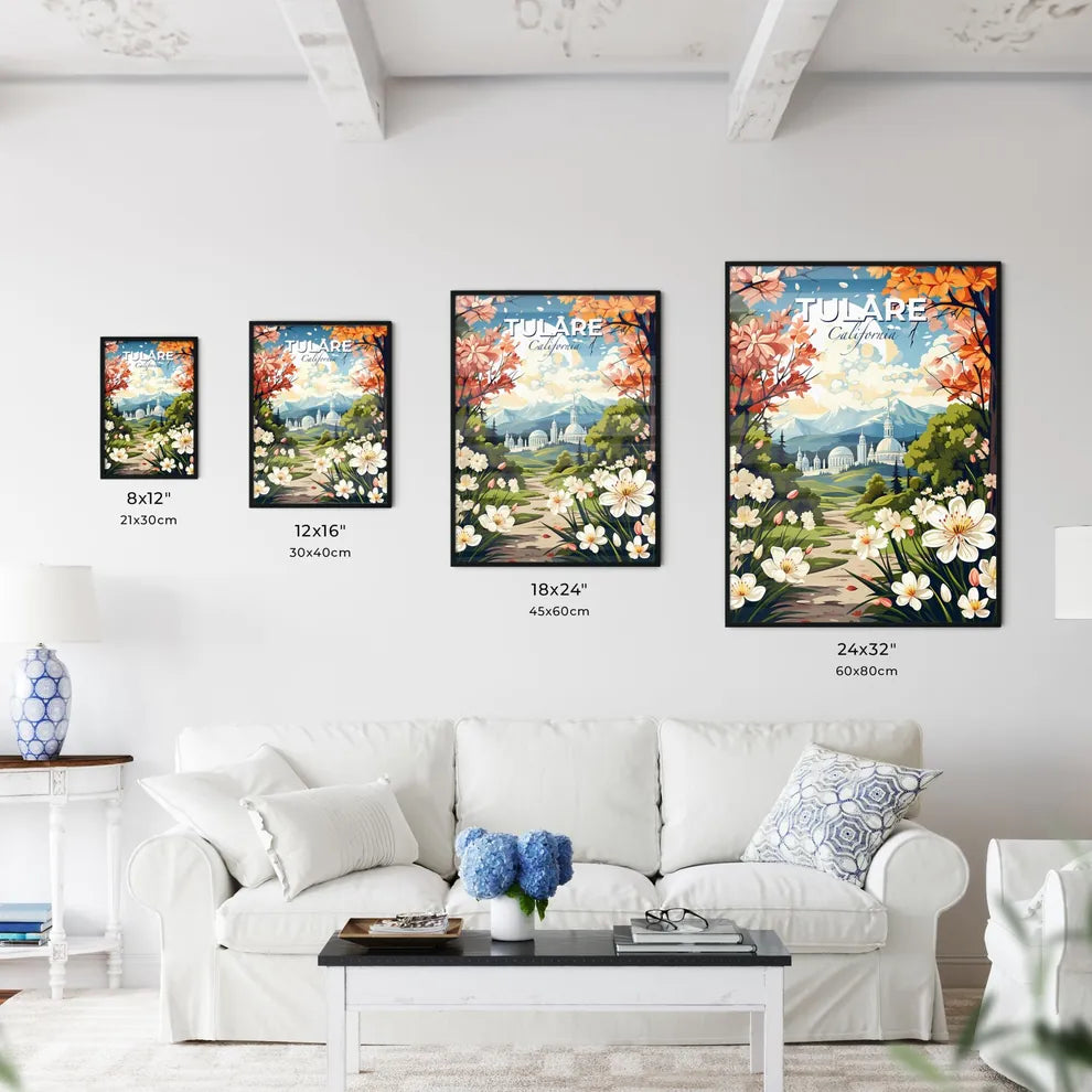 Tulare, California, A Poster of a painting of a landscape with a building and mountains Default Title