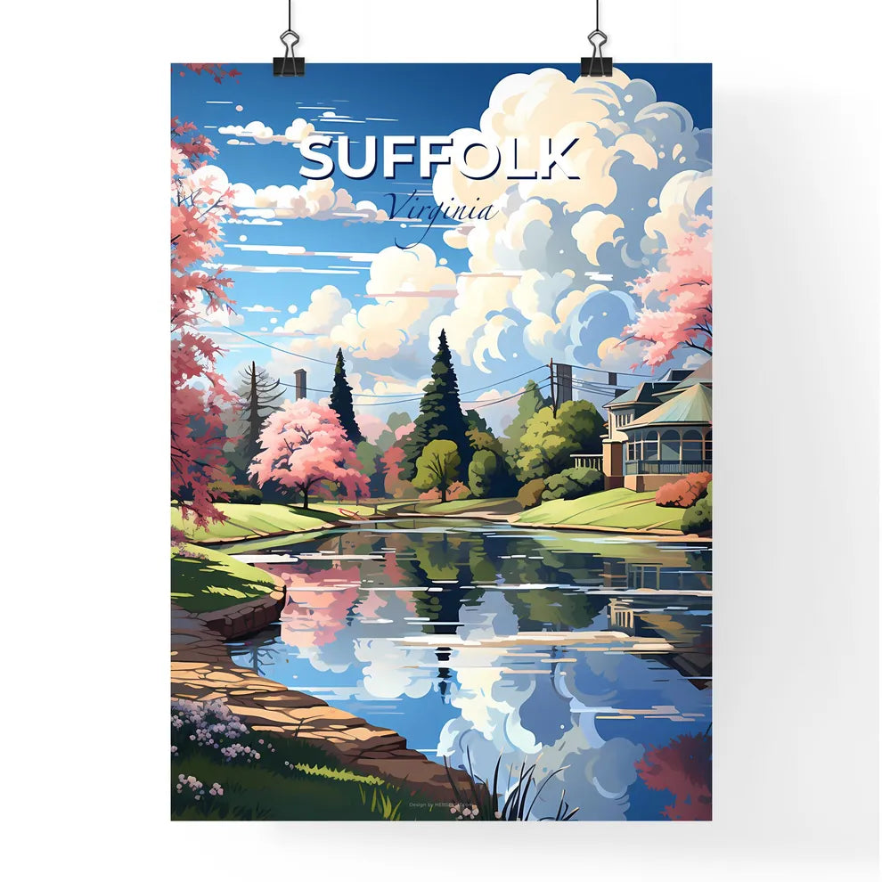 Suffolk, Virginia, A Poster of a water body with pink flowers and trees Default Title
