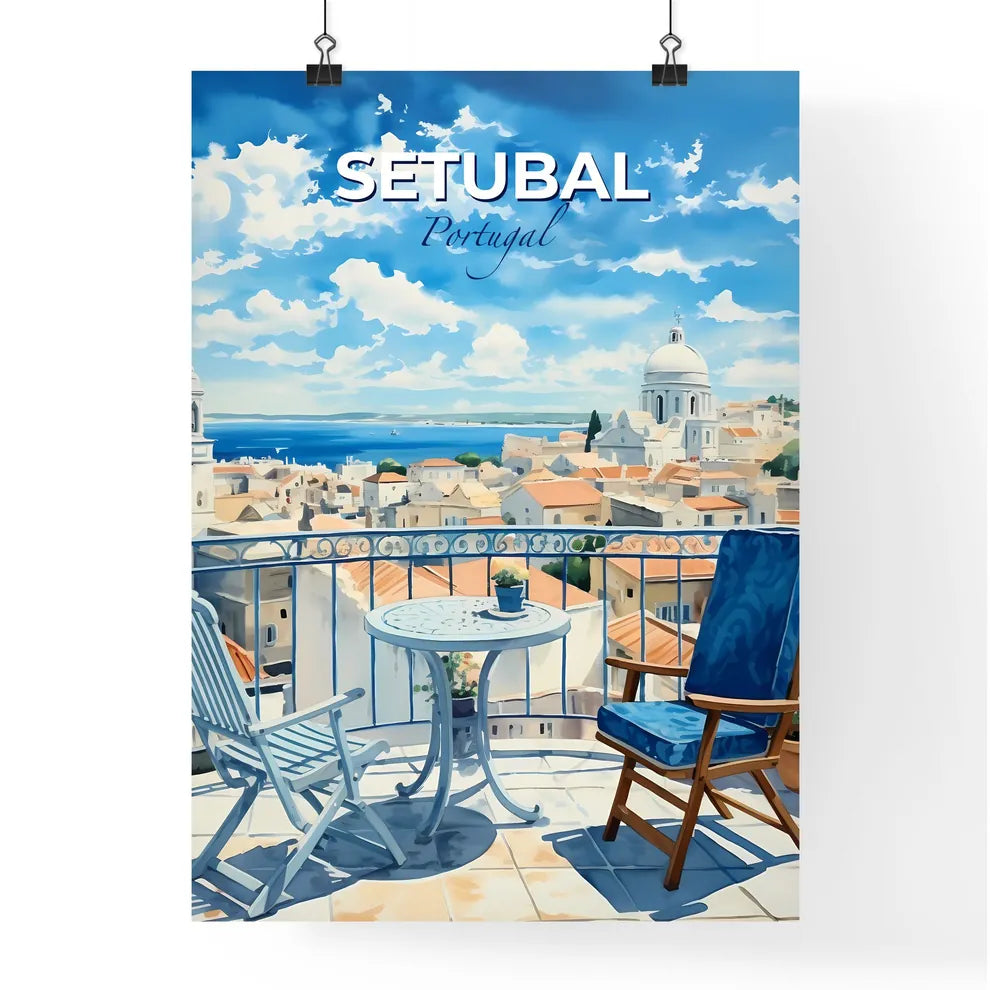 Setubal, Portugal, A Poster of a chair and table on a balcony overlooking a city Default Title