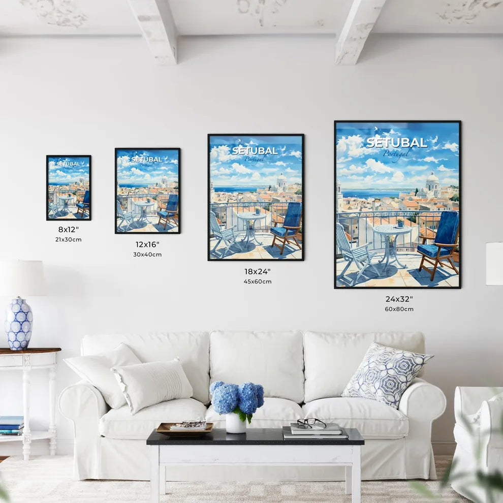 Setubal, Portugal, A Poster of a chair and table on a balcony overlooking a city Default Title
