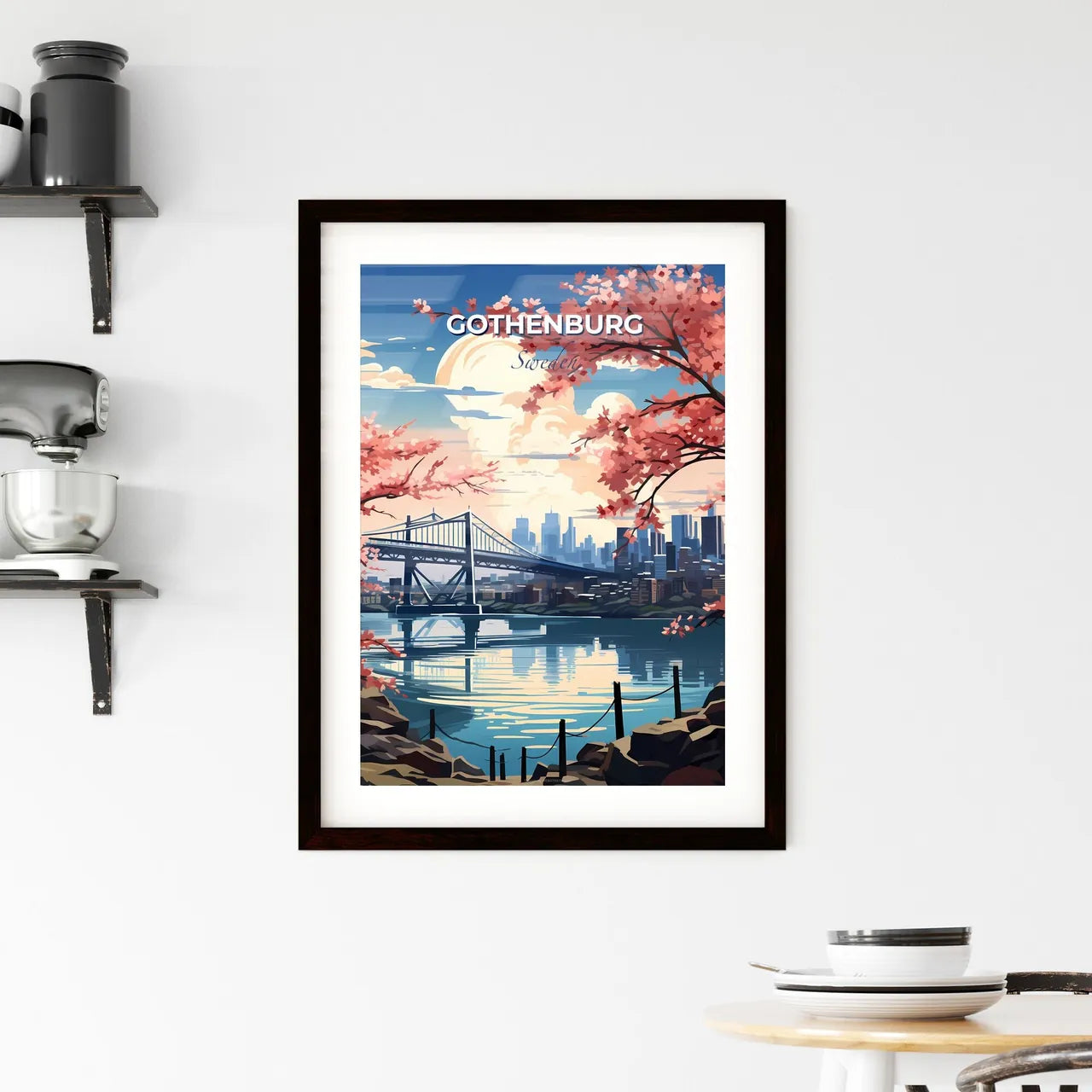 Gothenburg, Sweden, A Poster of a bridge over water with pink flowers Default Title