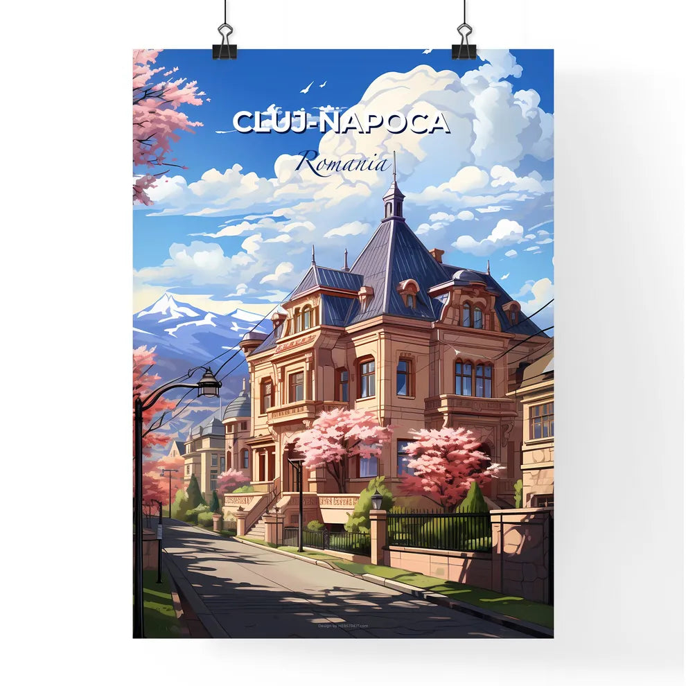 Cluj-Napoca, Romania, A Poster of a building with trees and a street light Default Title