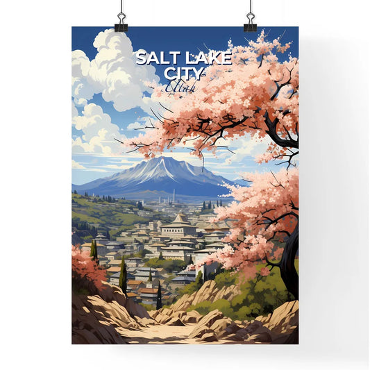 Salt Lake City, Utah, A Poster of a tree with pink flowers in front of a mountain Default Title